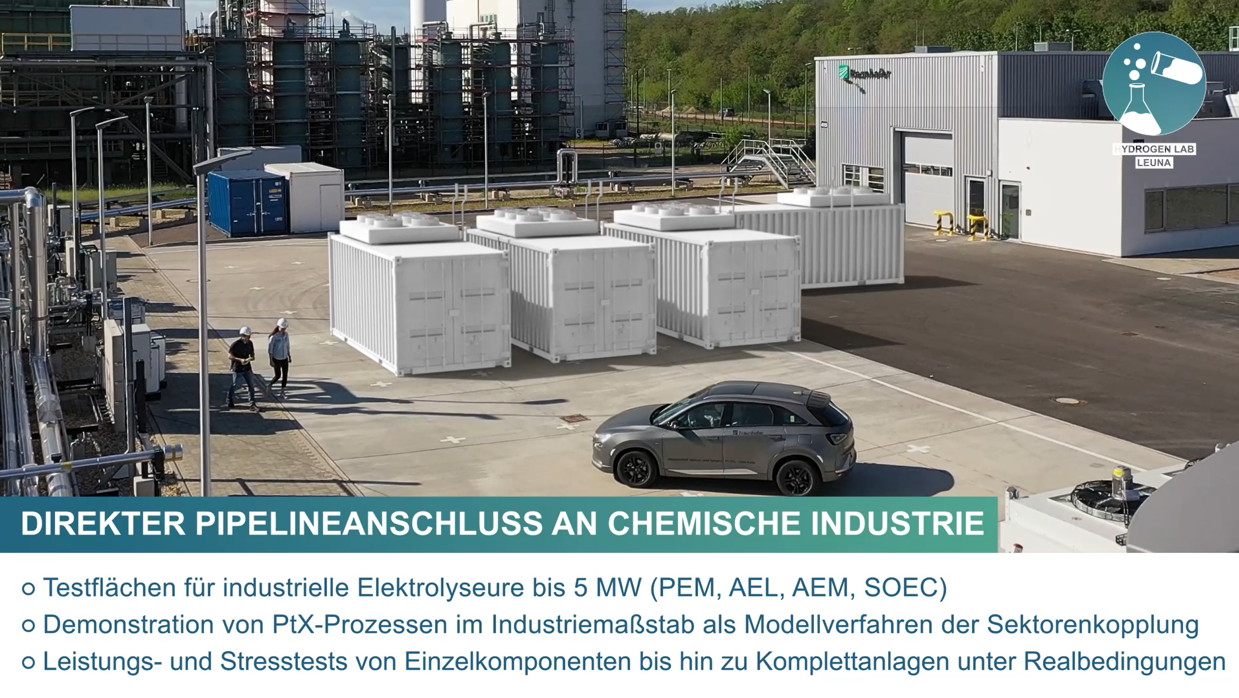 Drei weiße Container stehen gerade nebeneinander aufgereit in einem Industriegebiet. Zwei personen mit Bauhelmen laufen zu dem davor stehenden Auto.