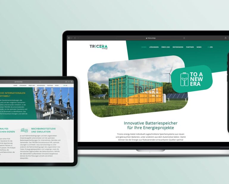 Die Tricera-Webseite in den drei unterschiedlichen Ansichtsmöglichkeiten: Tablet, Laptop und Smartphone.
