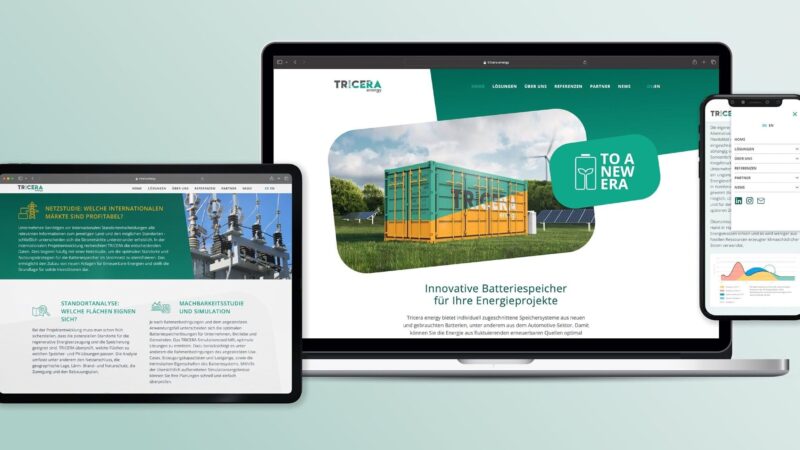 Die Tricera-Webseite in den drei unterschiedlichen Ansichtsmöglichkeiten: Tablet, Laptop und Smartphone.