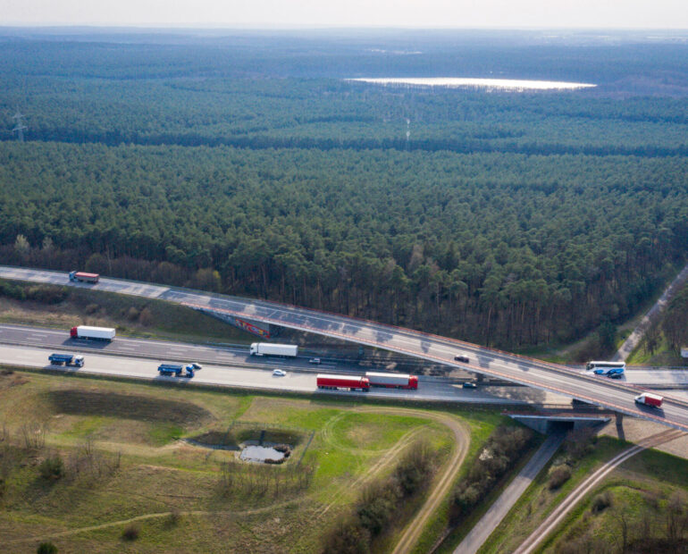 Eine Luftaufnahme zeigt zwei Schnellstraßen die sich kreuzen. Im Hintergrund ein weitläufiges Waldgebiet.