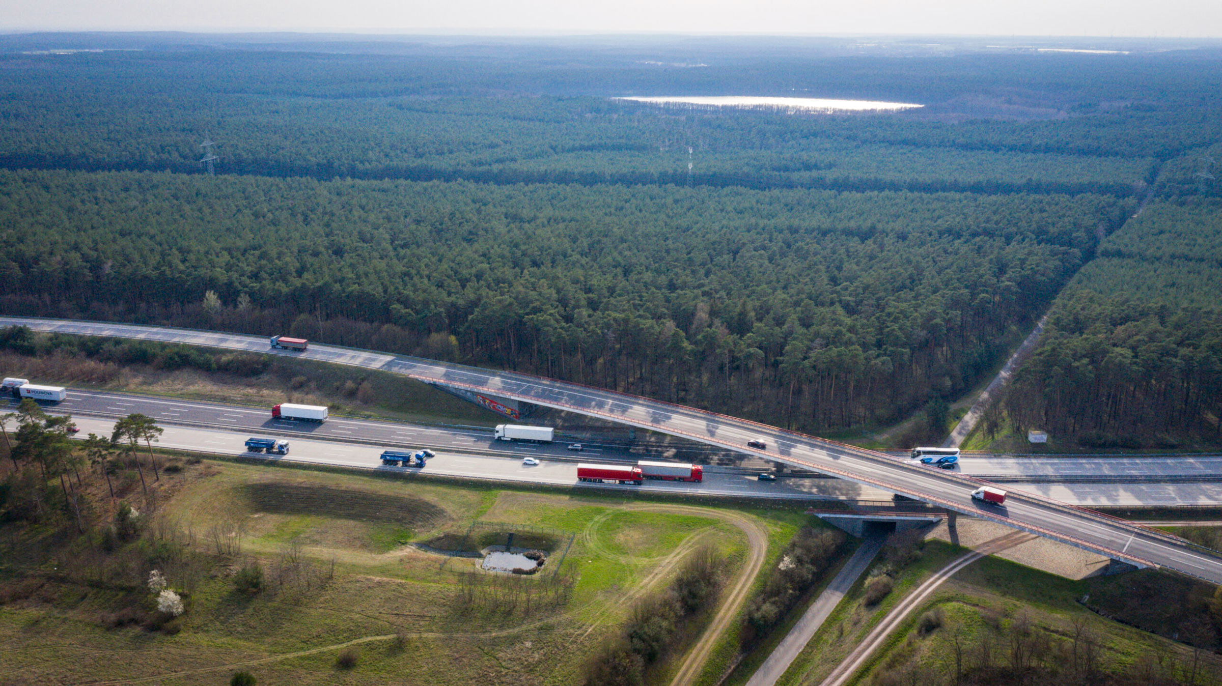 Eine Luftaufnahme zeigt zwei Schnellstraßen die sich kreuzen. Im Hintergrund ein weitläufiges Waldgebiet.